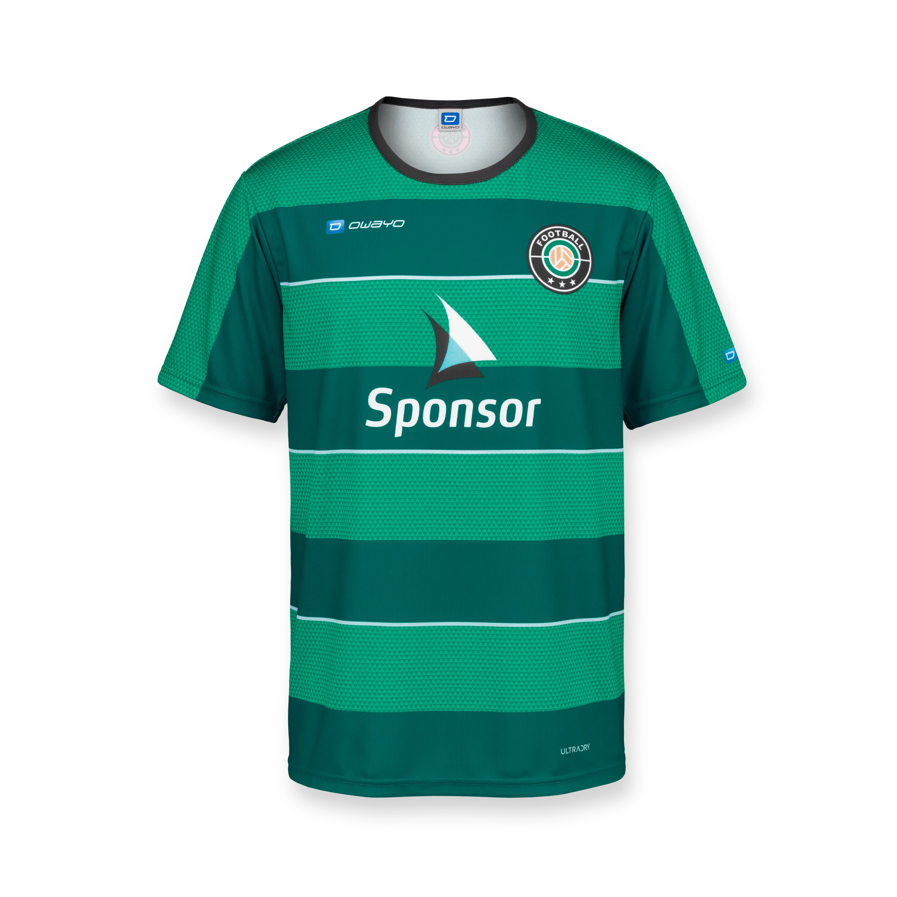 Maglietta da calcio verde con ampie strisce orizzontali e colletto rotondo, con un logo di sponsor sul davanti.