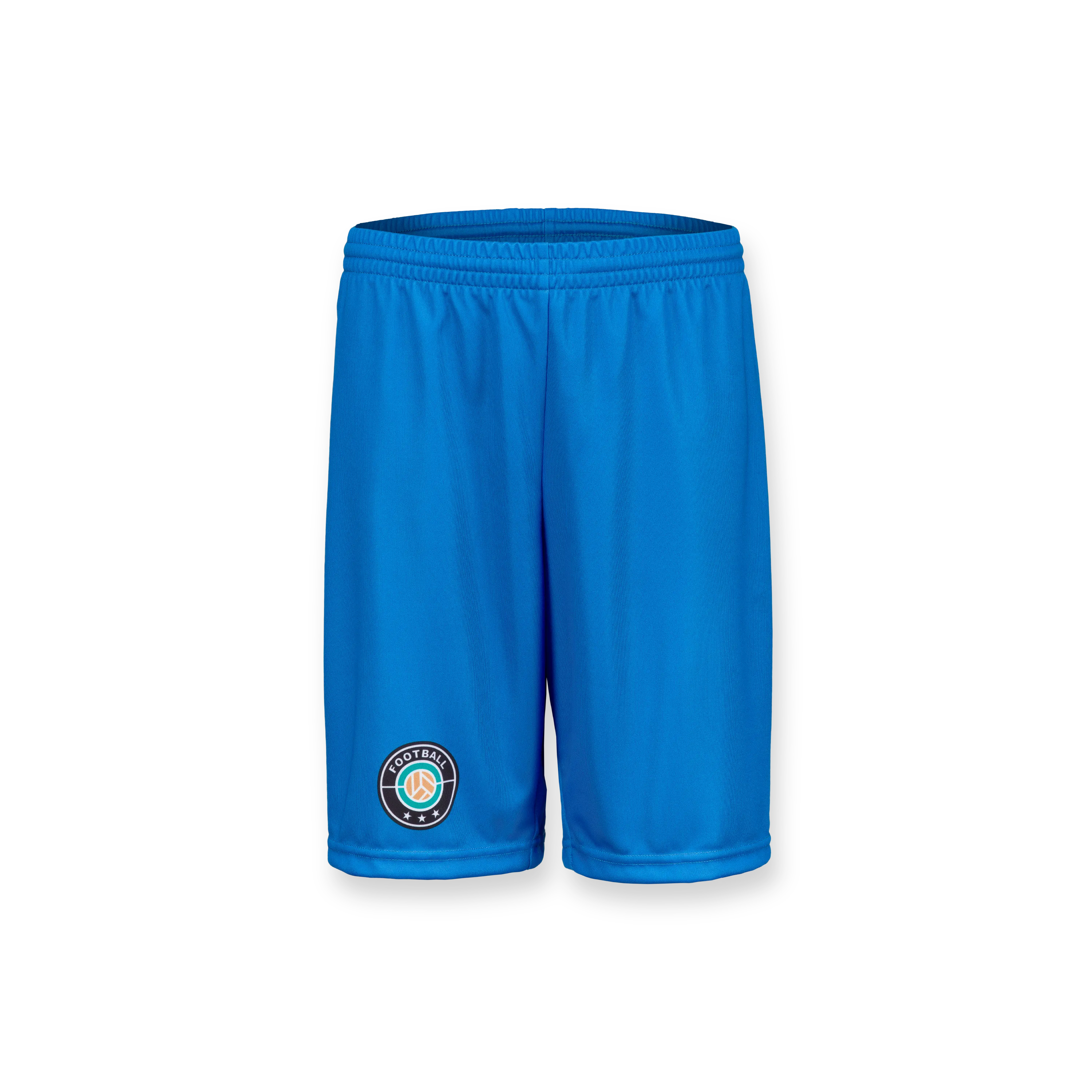 Pantaloni sportivi blu con cintura elastica e un logo rotondo sul lato sinistro.
