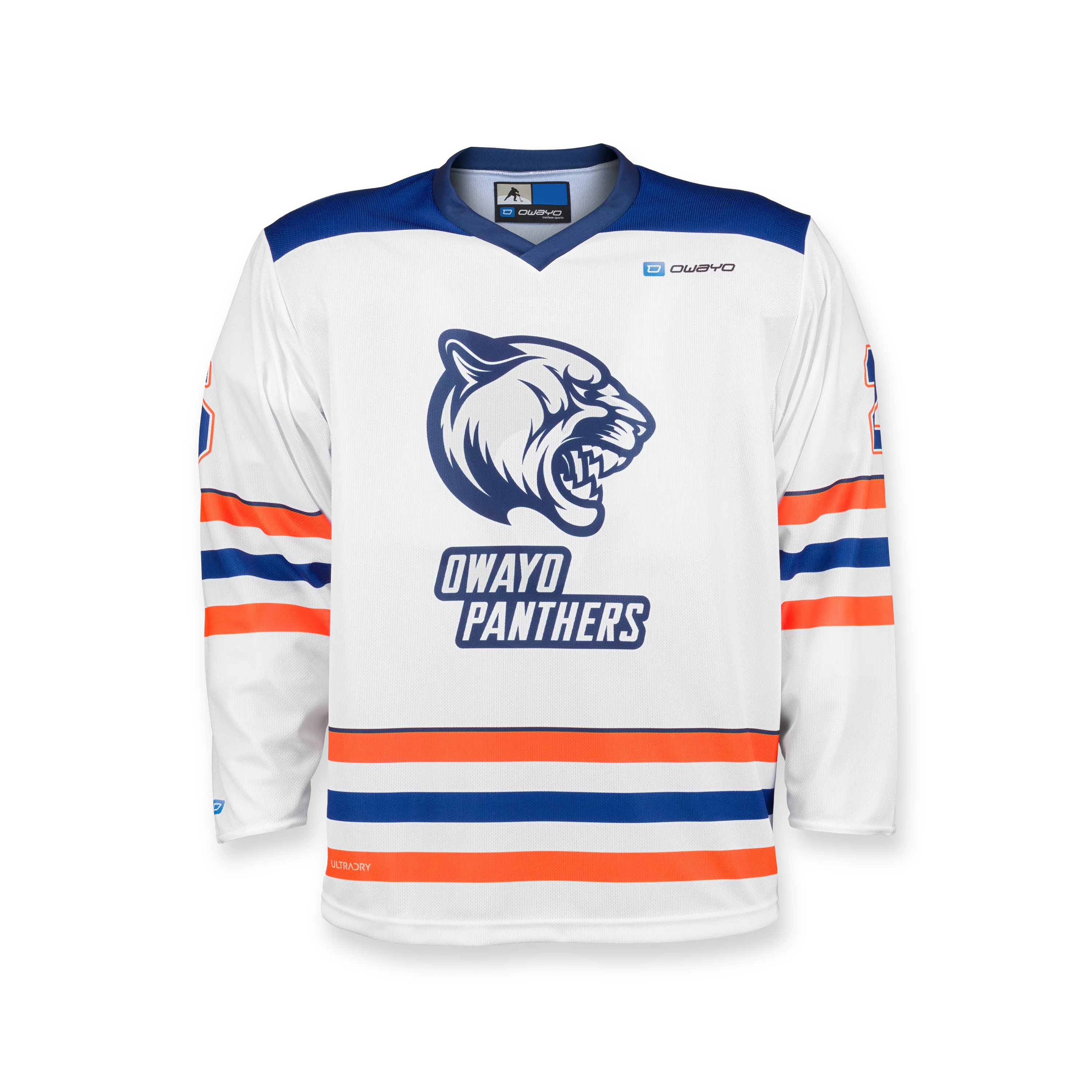 Una maglia da hockey bianca con strisce blu e arancioni, che presenta la stampa 'PANthers' e un logo di testa di pantera sul davanti.
