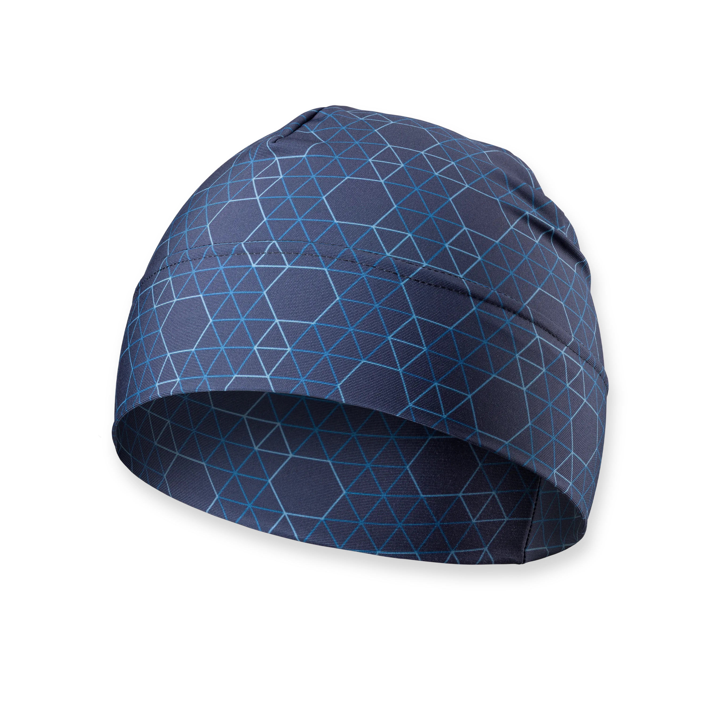Un berretto blu scuro con un motivo geometrico di linee blu chiaro e forme esagonali.