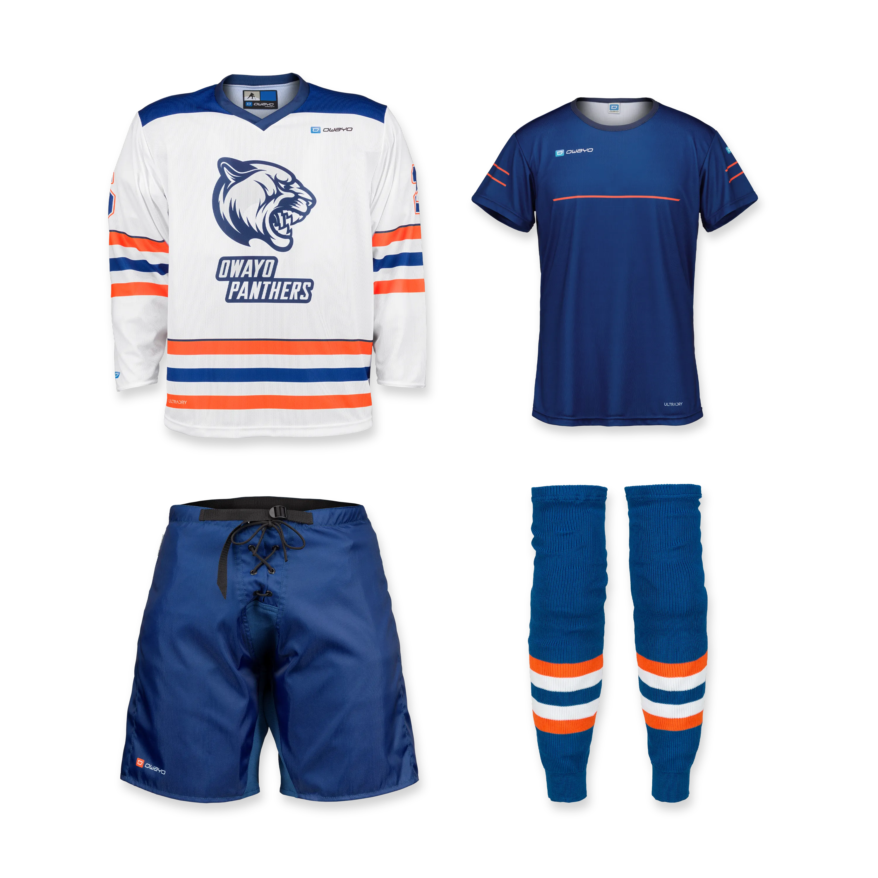 Un set composto da una maglia da hockey bianca con un logo di pantera, una maglietta sportiva blu, pantaloni corti blu e calze blu con righe arancioni e bianche.
