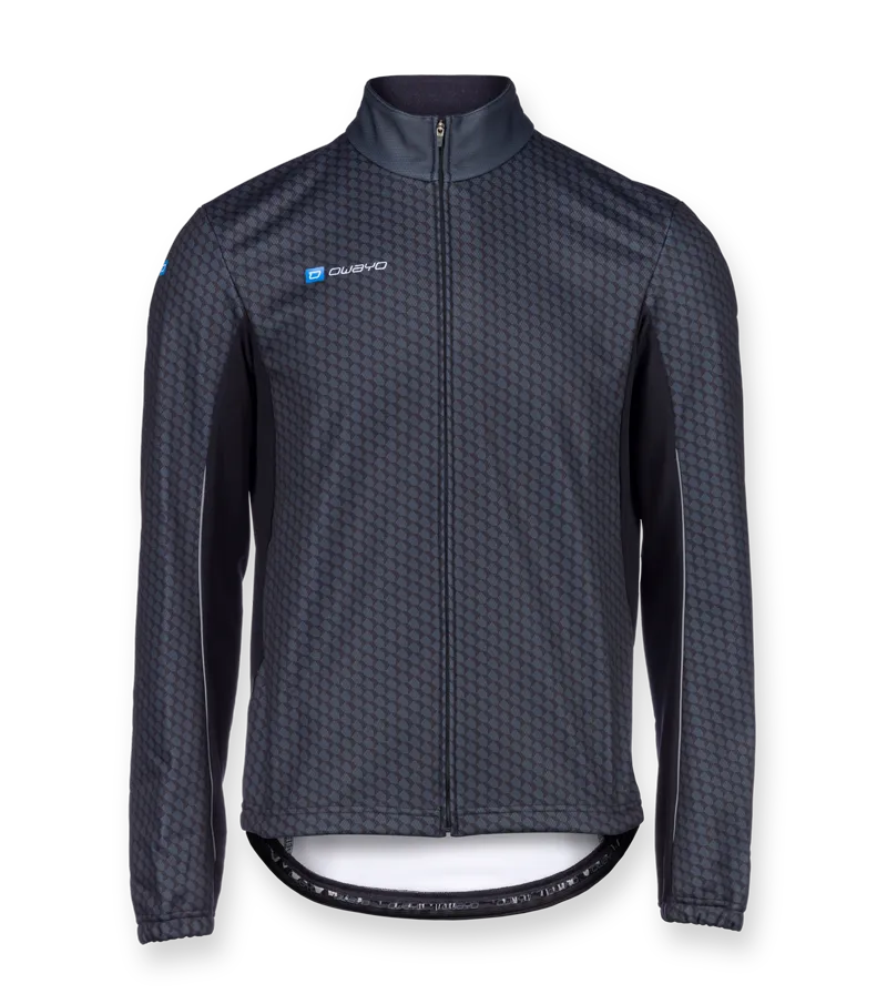 Una giacca sportiva scura a maniche lunghe con zip e motivo geometrico, con il logo 'owayo' sul petto.
