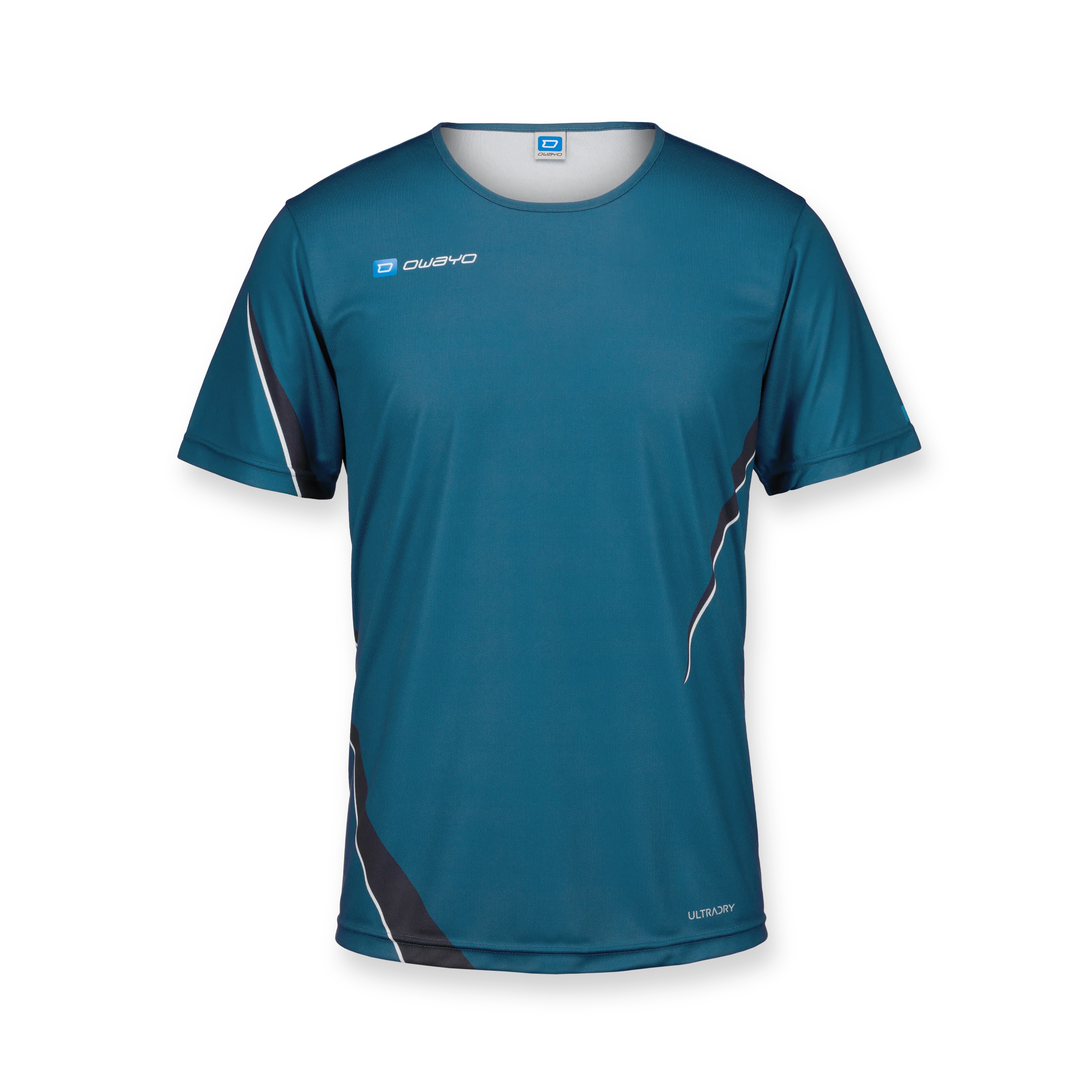 Una maglietta sportiva corta, blu con accenti bianchi e neri, ideale per attività atletiche.