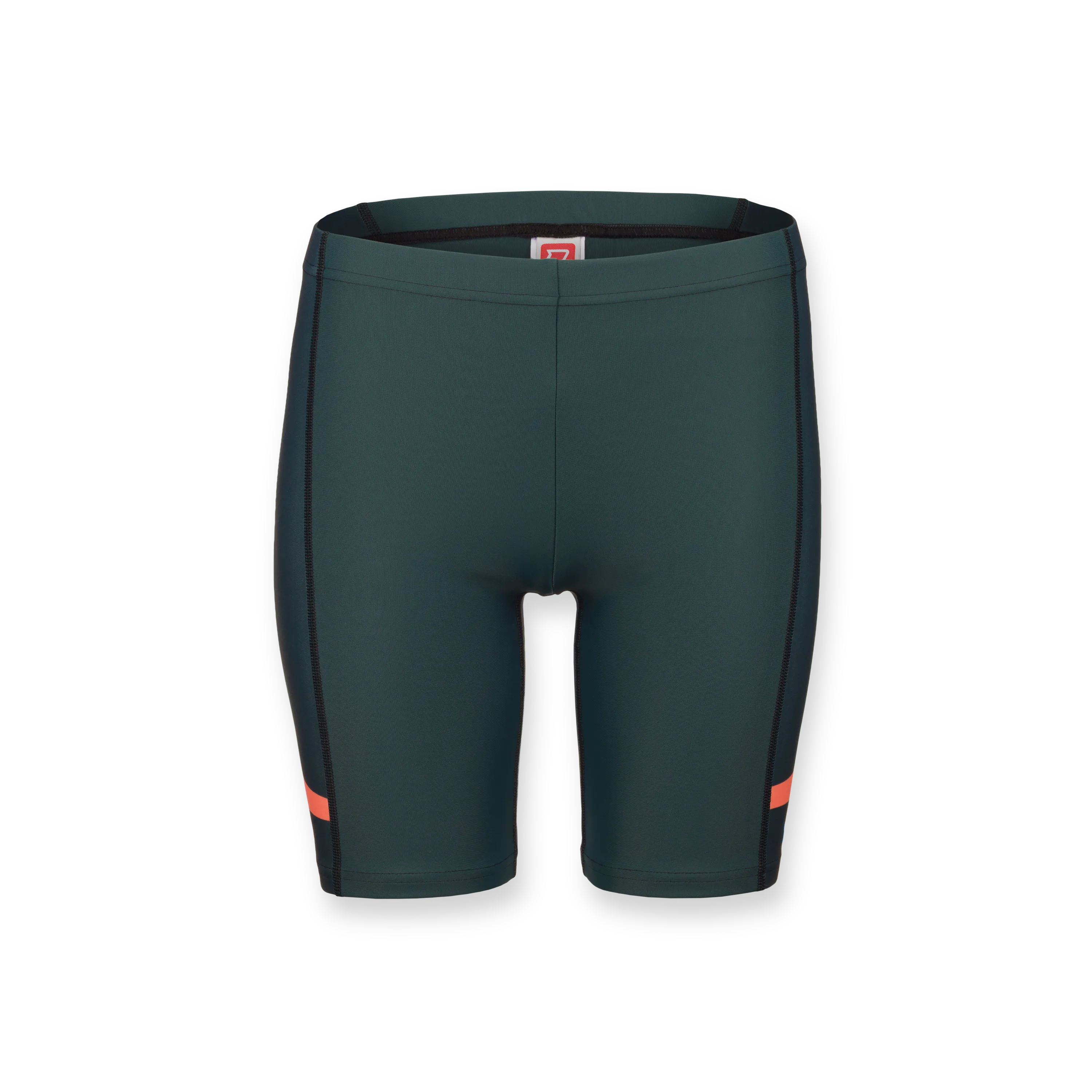 Pantaloni sportivi verdi scuri con pannelli laterali neri e una striscia arancione.