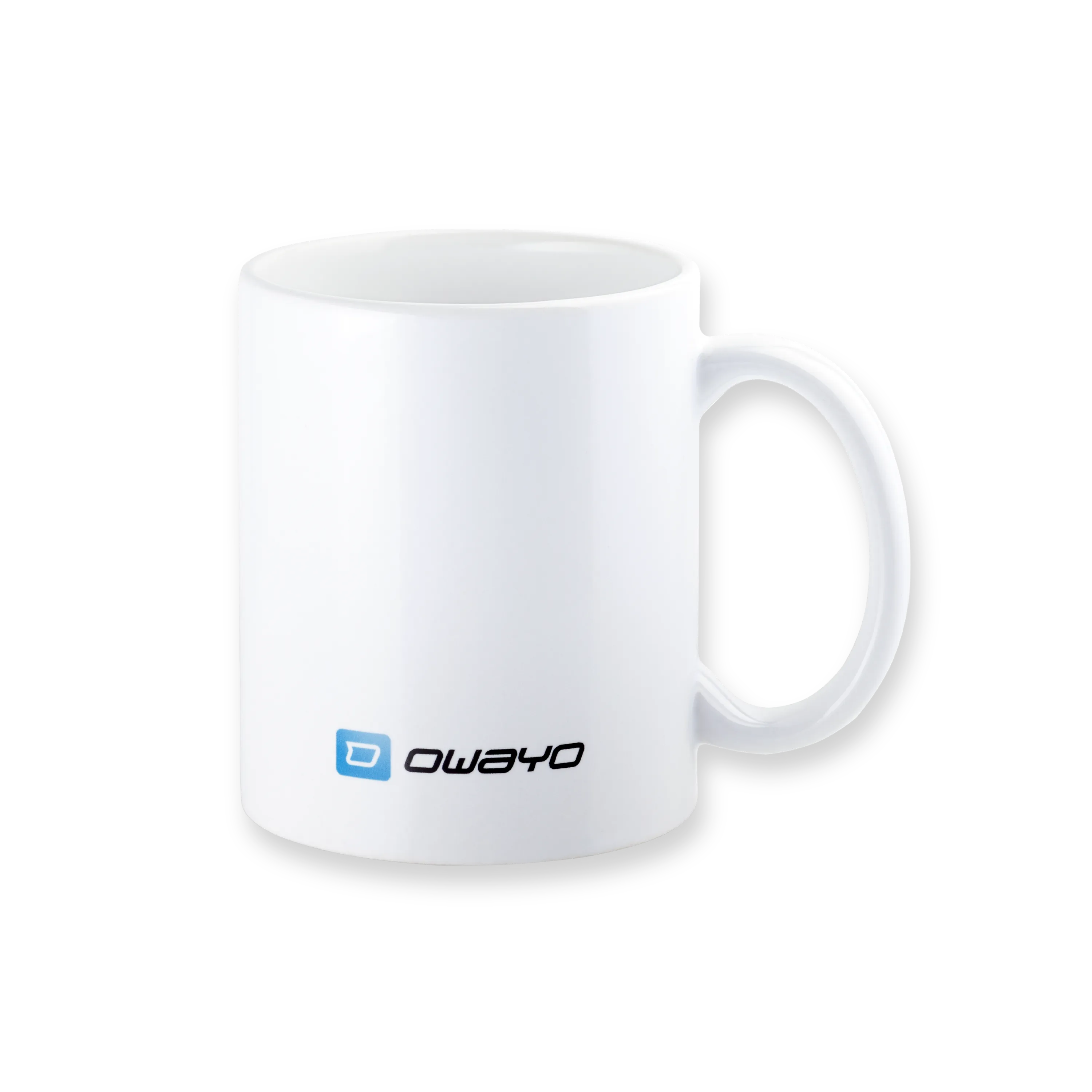 Una tazza bianca con un manico che presenta un design minimalista.