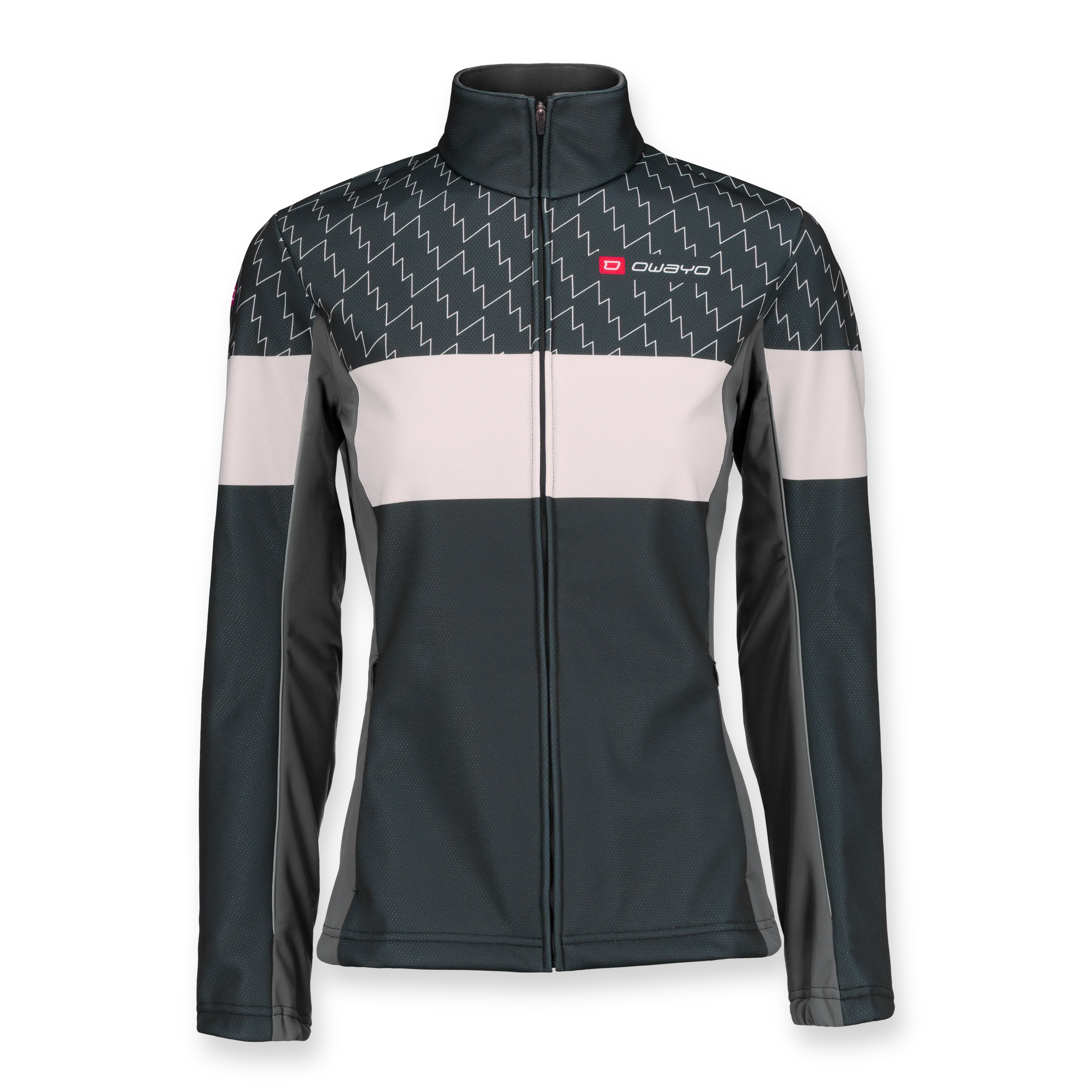 Una giacca sportiva da donna con un design moderno in tonalità di nero, bianco e grigio, con colletto alto e zip completa.