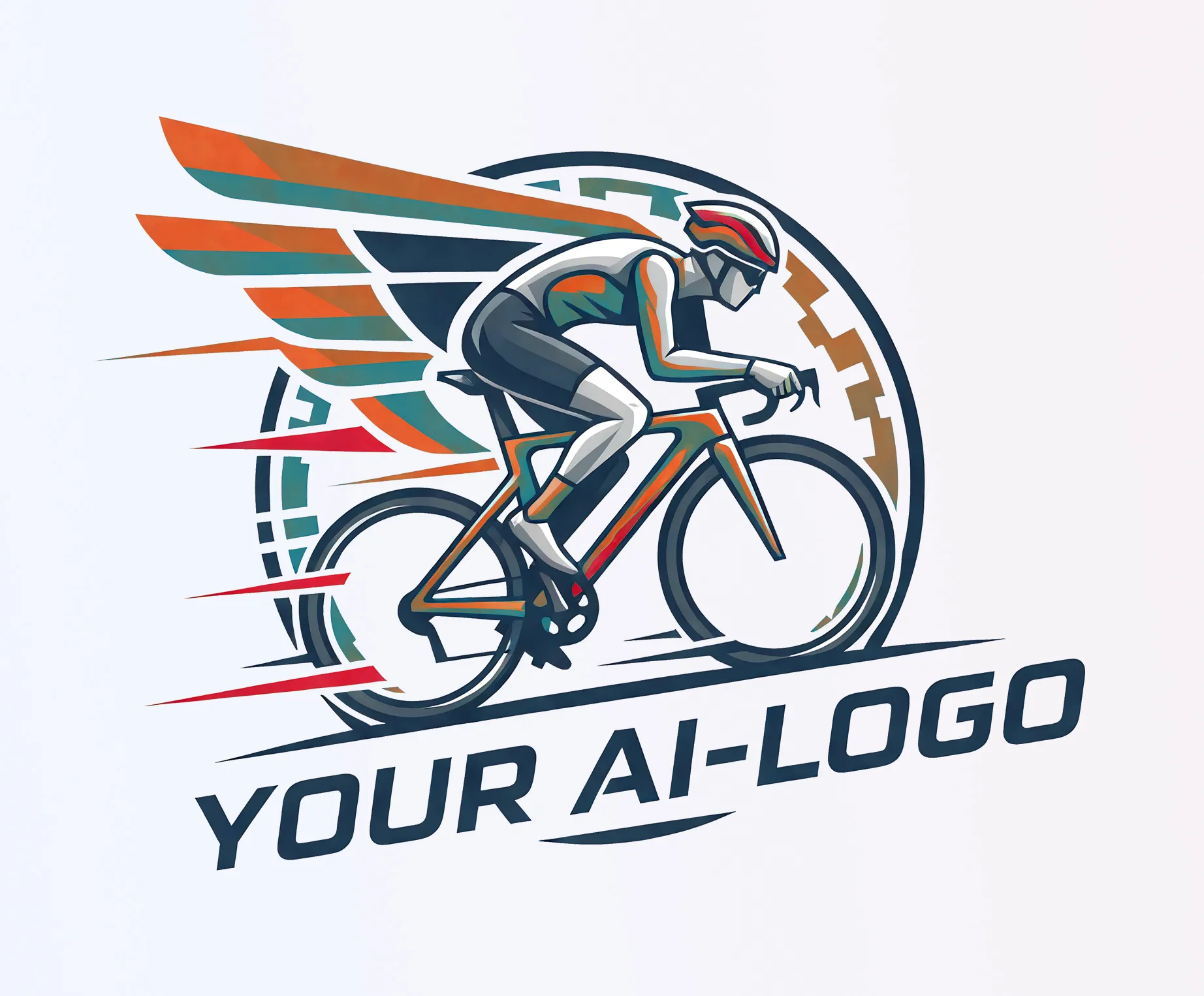 Un ciclista stilizzato in posizione aerodinamica su una bicicletta da corsa, circondato da ali colorate e linee di velocità, con il testo 'YOUR AI-LOGO' sotto.