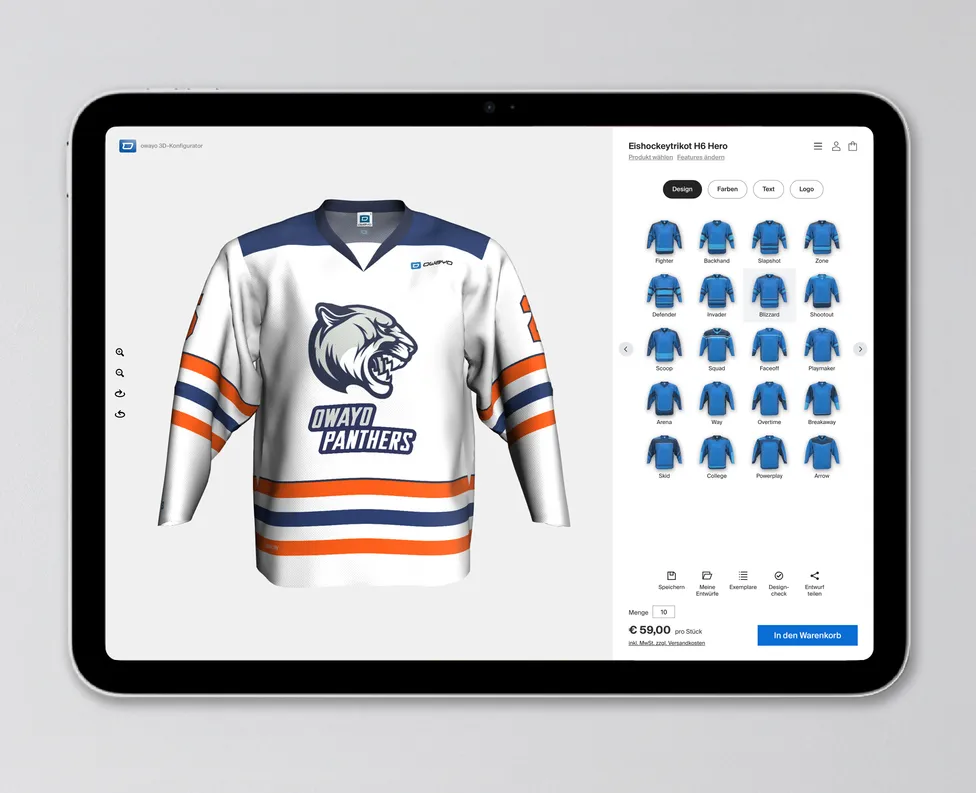Un tablet mostra il configuratore 3D di owayo con una maglia da hockey bianca con dettagli blu e arancioni e un logo di pantera.