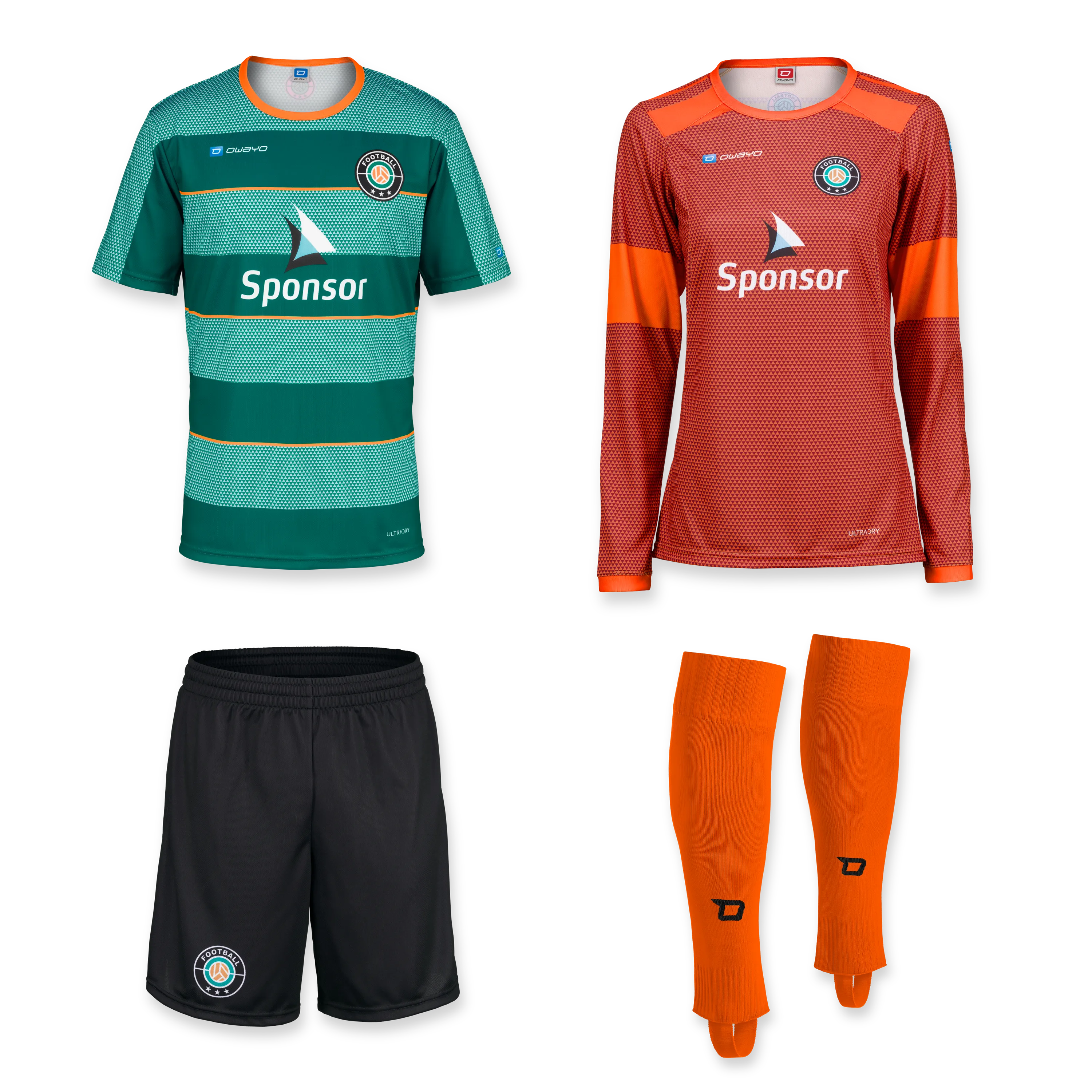 Tutti i prodotti Un set di due magliette da calcio, un paio di pantaloni neri e un paio di calze arancioni, il tutto in diverse combinazioni di colori.