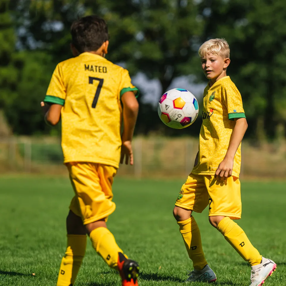 Due bambini in magliette e pantaloni corti da calcio gialli stanno giocando su un campo da calcio verde.