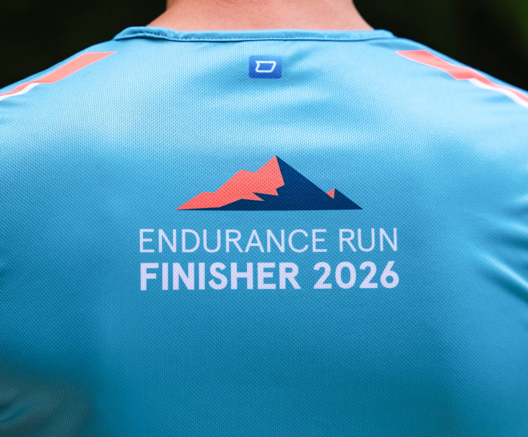 Una maglietta sportiva blu con la stampa 'ENDURANCE RUN FINISHER 2026' e un design di montagna stilizzato sul retro.