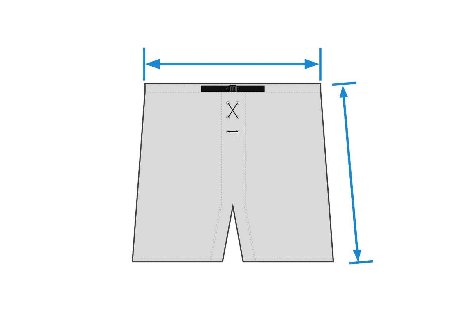Una rappresentazione grafica di pantaloni sportivi con linee di misurazione per larghezza e lunghezza.
