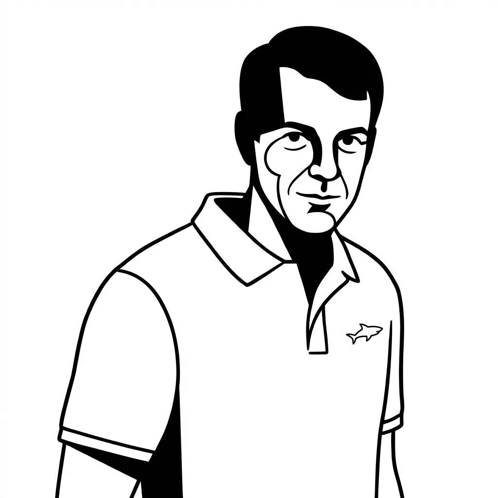Un disegno in bianco e nero di un uomo con una polo con un logo di squalo sul petto.
