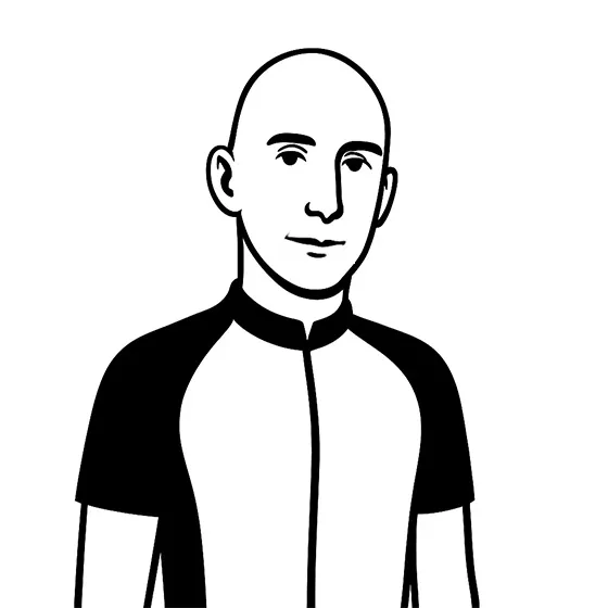 Un disegno in bianco e nero di un uomo con una maglia sportiva con maniche nere e corpo bianco.