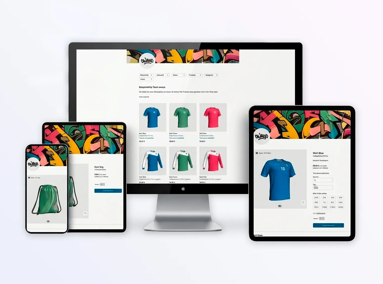 Il sito web di owayo è visualizzato su un computer desktop, un tablet e uno smartphone, mostrando abbigliamento e attrezzatura sportiva.