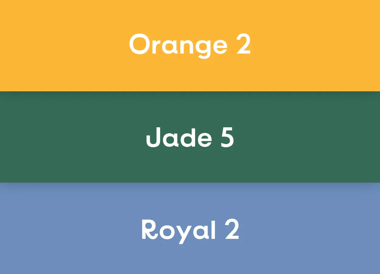Tre blocchi orizzontali di colore arancione, giada e blu reale con le etichette 'Orange 2', 'Jade 5' e 'Royal 2'.