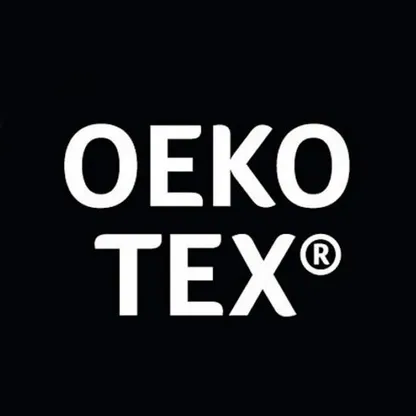 L'immagine mostra il logo OEKO-TEX® in caratteri bianchi su sfondo nero.