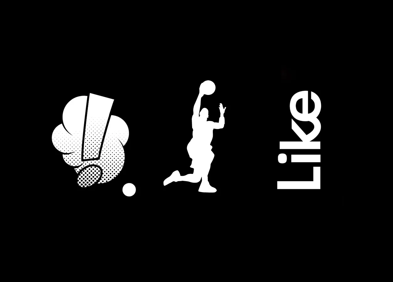 Grafica bianca su sfondo nero con un simbolo di nuvola di parola a fumetto, una silhouette di un giocatore di basket e la parola 'Like'.