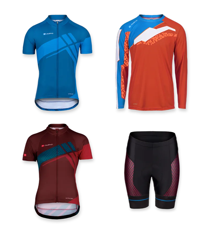 Tutti i prodotti Panoramica di quattro diverse maglie da ciclismo e un paio di pantaloncini da ciclismo owayo, tra cui una maglia blu a maniche corte, una maglia arancione a maniche lunghe, una maglia rossa scura a maniche corte e pantaloncini da ciclismo neri con dettagli rossi e blu.