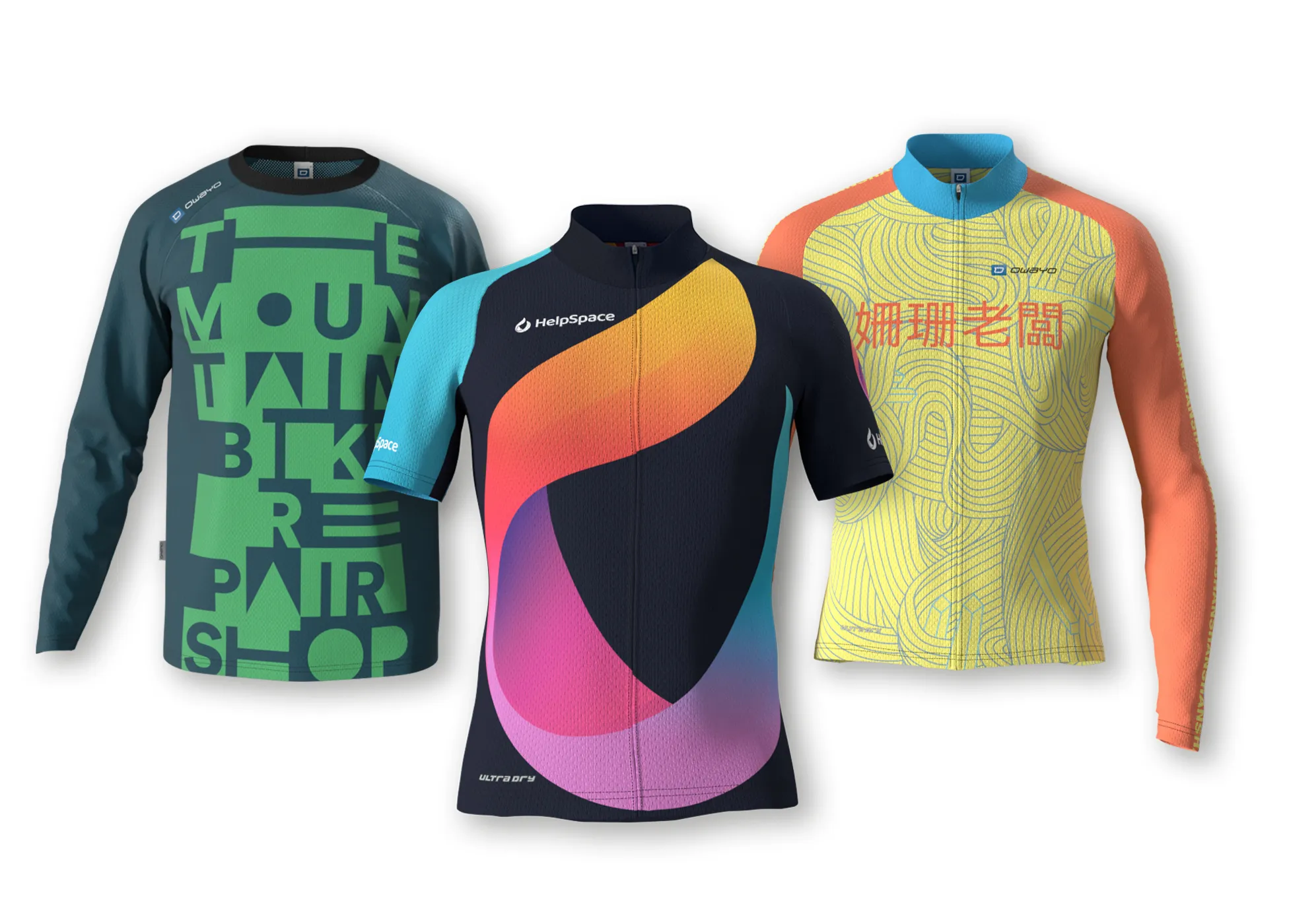 Tre capi di abbigliamento sportivo personalizzati di owayo: una maglia a maniche lunghe blu scuro con un design verde 'MOUNTAIN BIKE REPAIR SHOP', una maglia a maniche corte blu scuro con un design astratto a gradiente in arancione, rosa e viola, e una maglia a maniche lunghe gialla con un motivo a linee blu e caratteri cinesi.