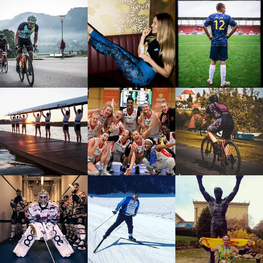Un collage di atleti impegnati in varie attività, tra cui ciclismo, basket, canottaggio e sport invernali, tutti vestiti con abbigliamento sportivo.