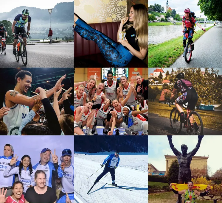 Una collage di nove immagini mostra diverse persone in vari sport, tra cui ciclismo, pallacanestro, sci di fondo e mountain bike, indossando abbigliamento sportivo personalizzato di owayo.