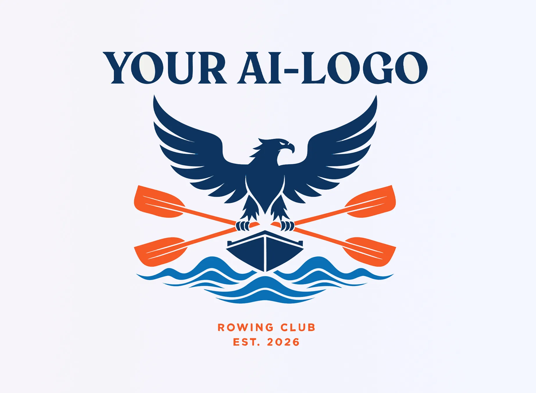 Un logo stilizzato di un club di canottaggio con un'aquila che tiene una barca e due remi sopra le onde.