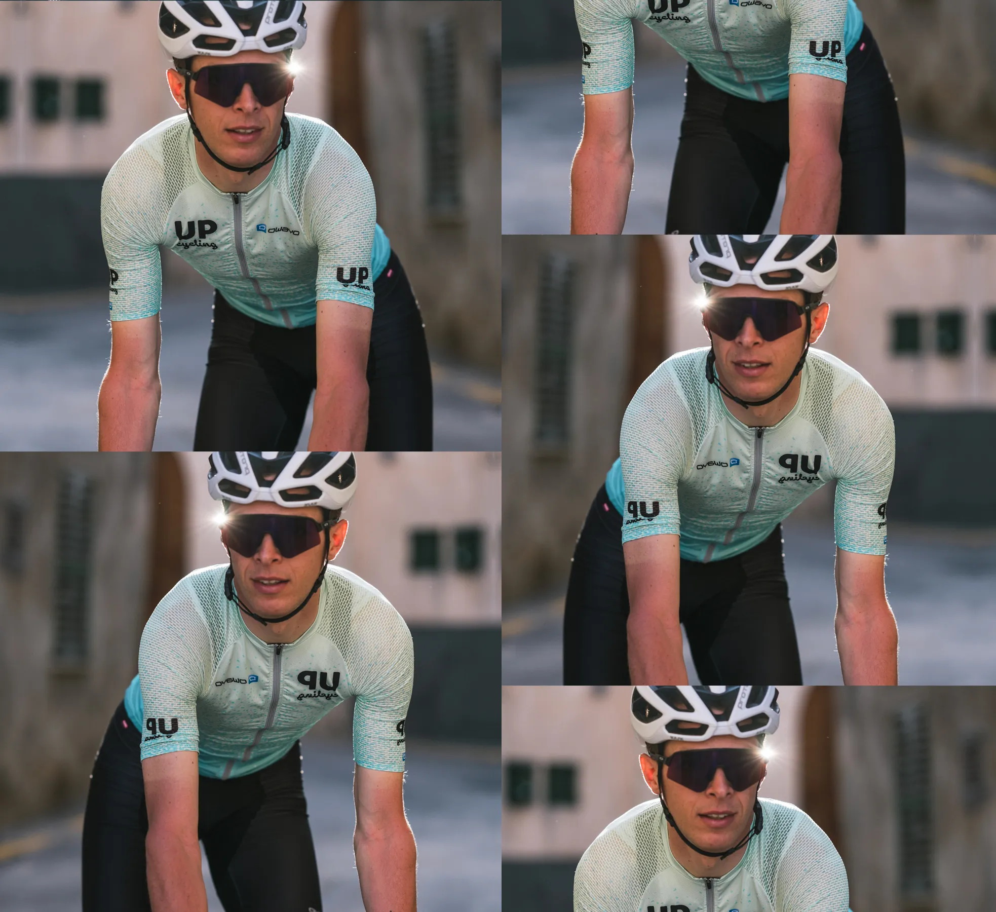 Un ciclista indossa una maglia su misura azzurra con il logo 'UP cycling' e 'owayo' sul petto, che pedala per una strada.