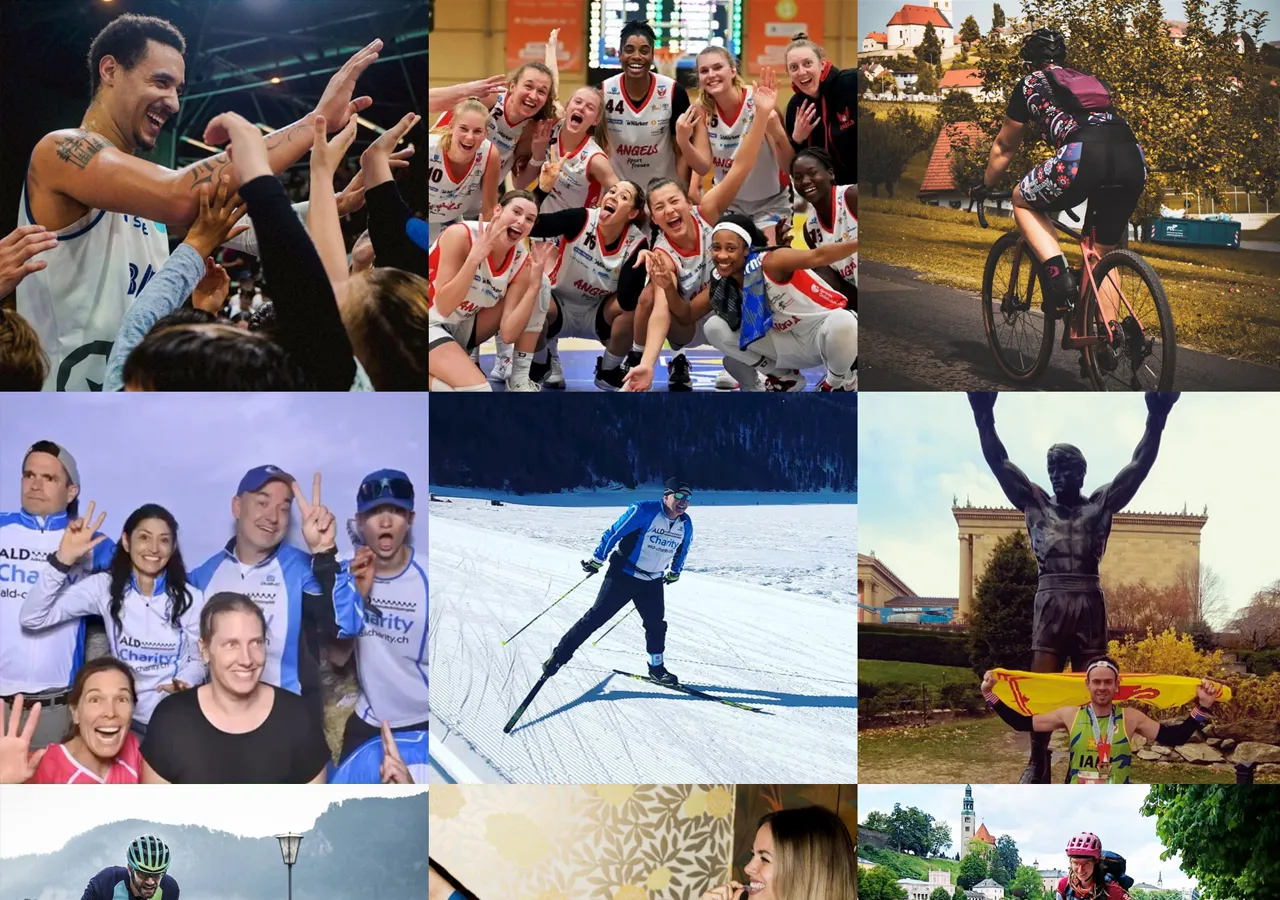 Collage di nove foto che mostrano vari atleti e squadre in azione, tra cui giocatori di basket, giocatrici di basket, ciclisti, sciatori di fondo, un gruppo durante un evento di beneficenza e una persona con una medaglia davanti a una statua.